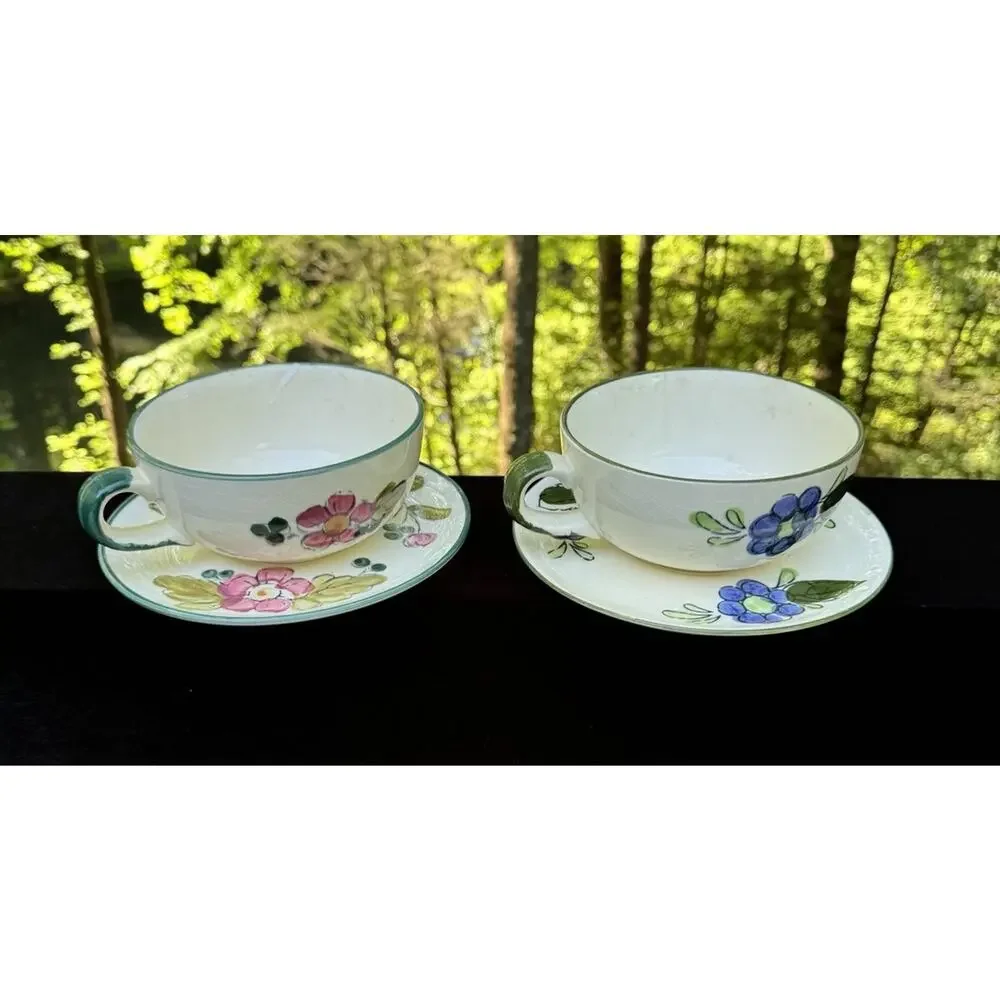 2 ITALIAN HAND-PAINTED FAIENCE SOUP BOWLS & SAUCERS EUC -A87